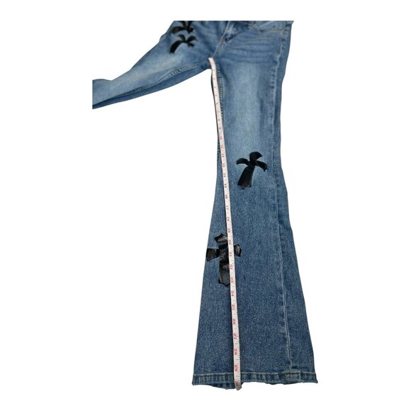 Austin Landing Women's Gothic Embroidered Crosses Flare Leg Blue Jeans Y2K Sz 1 - Picture 12 of 12